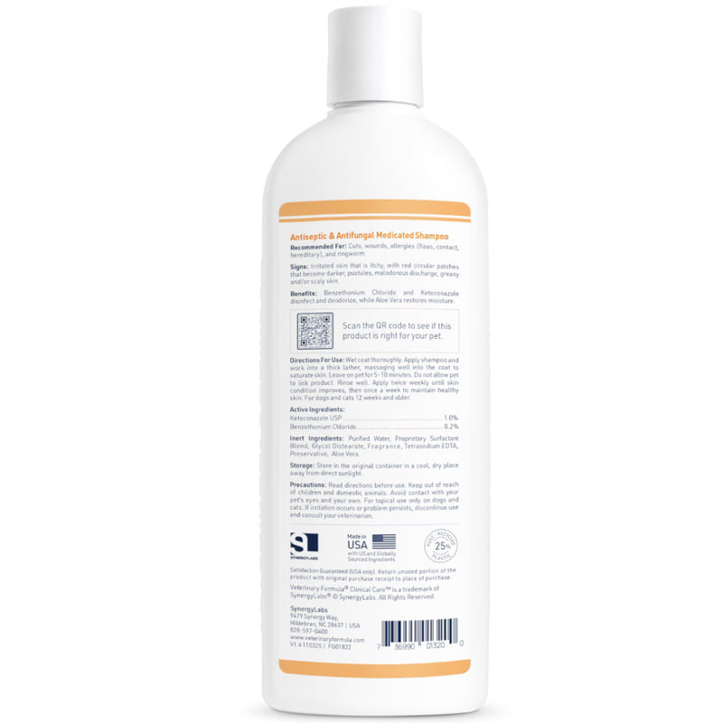 Back of a white bottle of Veterinary Formula Clinical Care Antiseptic & Antifungal Shampoo, with orange label accents, small-print instructions, a QR code, and barcode.