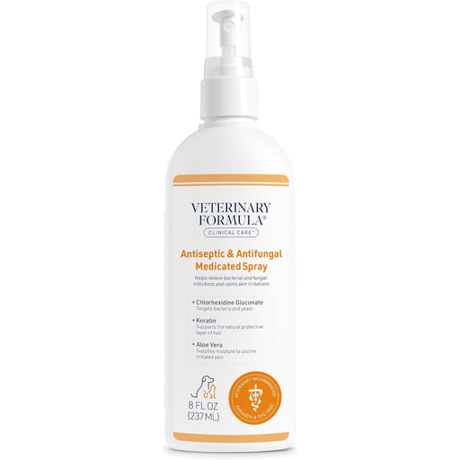 A white bottle of Veterinary Formula Clinical Care Antiseptic & Antifungal Medicated Spray with orange and black text, shown on a plain white background.