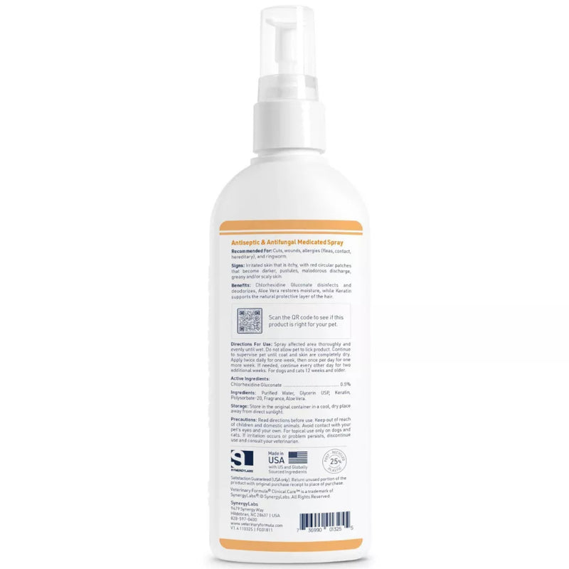 A white plastic spray bottle of Veterinary Formula Clinical Care Antiseptic & Antifungal Medicated Spray shown from the back, featuring a white pump dispenser and a label with black text and orange accents.