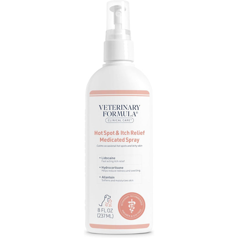 A white bottle of Veterinary Formula Clinical Care Hot Spot & Itch Relief Medicated Spray for pets, featuring a pump dispenser and a clean white background.