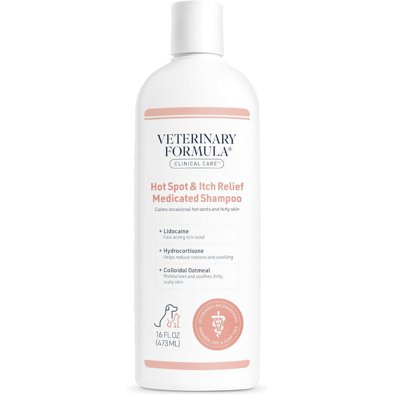 White bottle of Veterinary Formula Clinical Care medicated shampoo for hot spots and itch relief, featuring a clean peach-and-white label and clinical, reassuring tone.