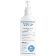 A 8 fl oz pump bottle of Veterinary Formula Flea & Tick Spray for dogs and cats, featuring a white bottle with light blue text and accents on a solid white background.