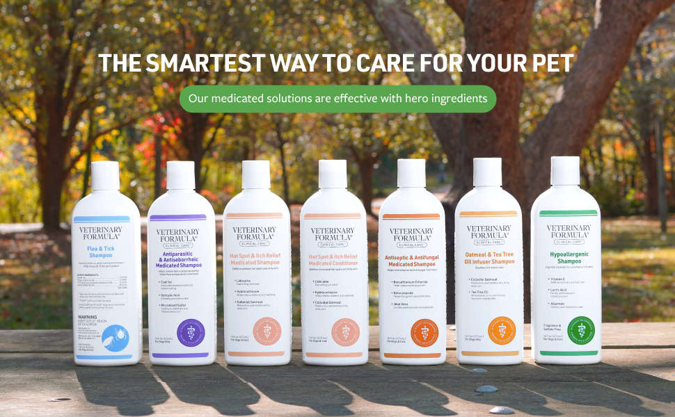 Seven bottles of Veterinary Formula pet care products lined up on a wooden surface outdoors, with trees and autumn foliage blurred in the background. Large text at the top reads, 'THE SMARTEST WAY TO CARE FOR YOUR PET' with a green banner below.