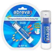 Abreva Docosanol 10% Cream cold sore and fever blister treatment shown in a blister pack with one pump bottle beside it on a white background.