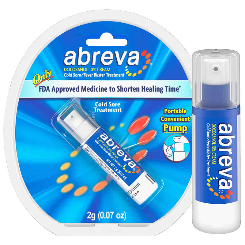 Abreva Docosanol 10% Cream cold sore and fever blister treatment shown in a blister pack with one pump bottle beside it on a white background.