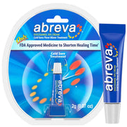 Abreva docosanol cold sore cream package with applicator and tube, in bright blue packaging; clinical, treatment-focused design 