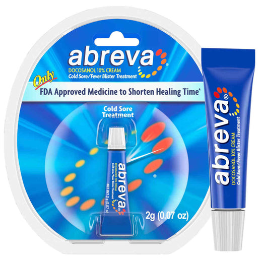 Abreva docosanol cold sore cream package with applicator and tube, in bright blue packaging; clinical, treatment-focused design 