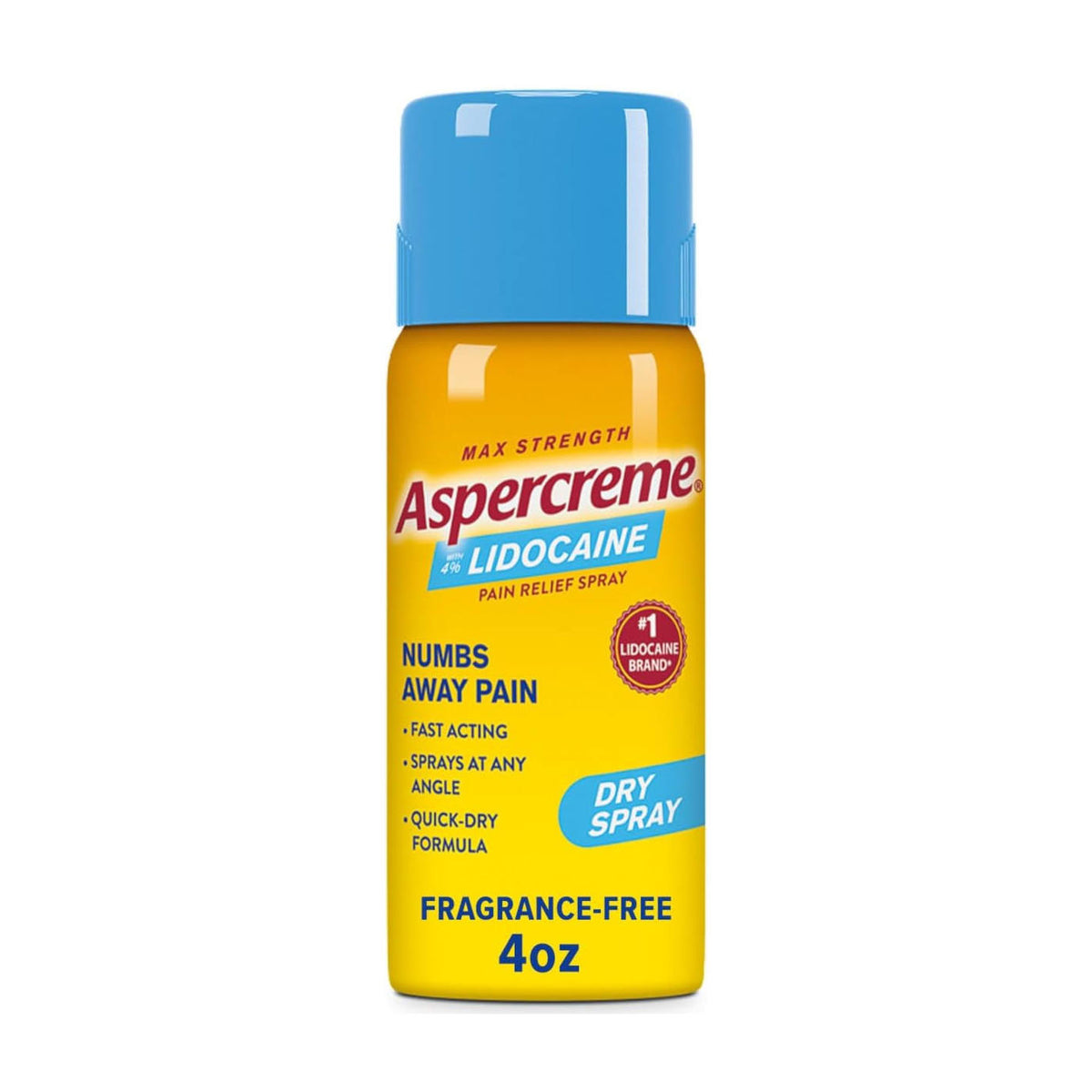 Yellow Aspercreme lidocaine pain relief spray bottle, with blue bottle top intact, in front of a white background