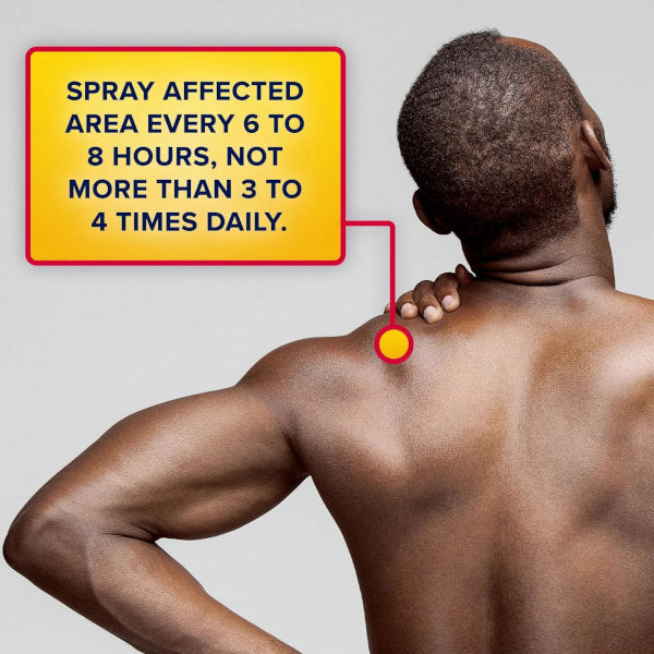 A man points to his upper back, where a red-and-yellow callout advises spraying Aspercreme Lidocaine Spray to the affected area every 6–8 hours, no more than four times daily.