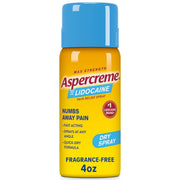 Aspercreme Lidocaine Pain Relief Spray in a 4oz yellow aerosol can with a blue cap, on a white background.