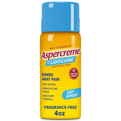 Aspercreme Lidocaine Pain Relief Spray in a 4oz yellow aerosol can with a blue cap, on a white background.