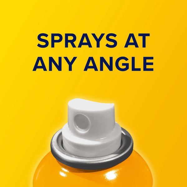 Aspercreme Lidocaine Spray nozzle on a yellow background with text 'Sprays at any angle'.