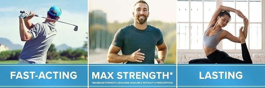 A three-panel Aspercreme Lidocaine Spray promotional banner showing a golfer, a running man, and a woman stretching, with text reading FAST-ACTING, MAX STRENGTH*, and LASTING on a blue background.