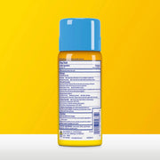 The back of a yellow plastic Aspercreme Lidocaine Spray bottle with a blue cap, showing the product's drug facts label, centered against a bright yellow background.