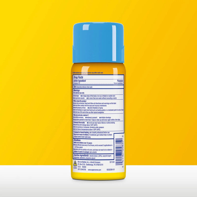 The back of a yellow plastic Aspercreme Lidocaine Spray bottle with a blue cap, showing the product's drug facts label, centered against a bright yellow background.