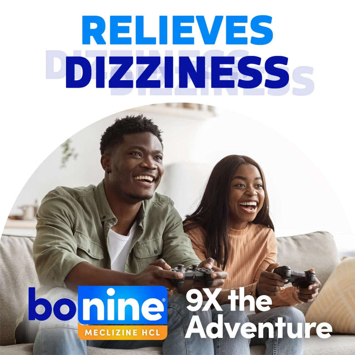 Bonine Max Strength Motion Sickness Tablets Peppermint 16 Banner Showing two people Playing a Video Game