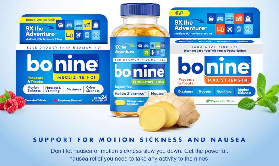A bottle of bonine MECLIZINE HCl and two boxes of bonine Max Strength and original strength tablets arranged on a light blue background with ginger root slices, raspberries, and mint leaves. The packaging prominently shows the brand name 'bonine' and product details for motion sickness and nausea relief.