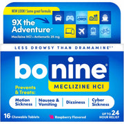 Front-facing package of Bonine  Meclizine HCl chewable motion sickness tablets, raspberry flavored, with a blue and white box showing product claims and icons.