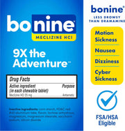 Bonine packaging with blue and yellow design, featuring the brand name and drug facts label.