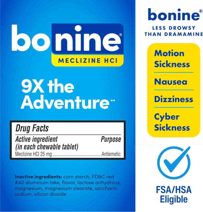 Bonine packaging with blue and yellow design, featuring the brand name and drug facts label.