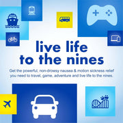 Bonine Motion Sickness Tablets promotional graphic with the text 'live life to the nines' and smaller descriptive copy, surrounded by blue and yellow icons representing travel and gaming activities such as a boat, train, bicycle, game controller, bus, airplane, car, and roller coaster.