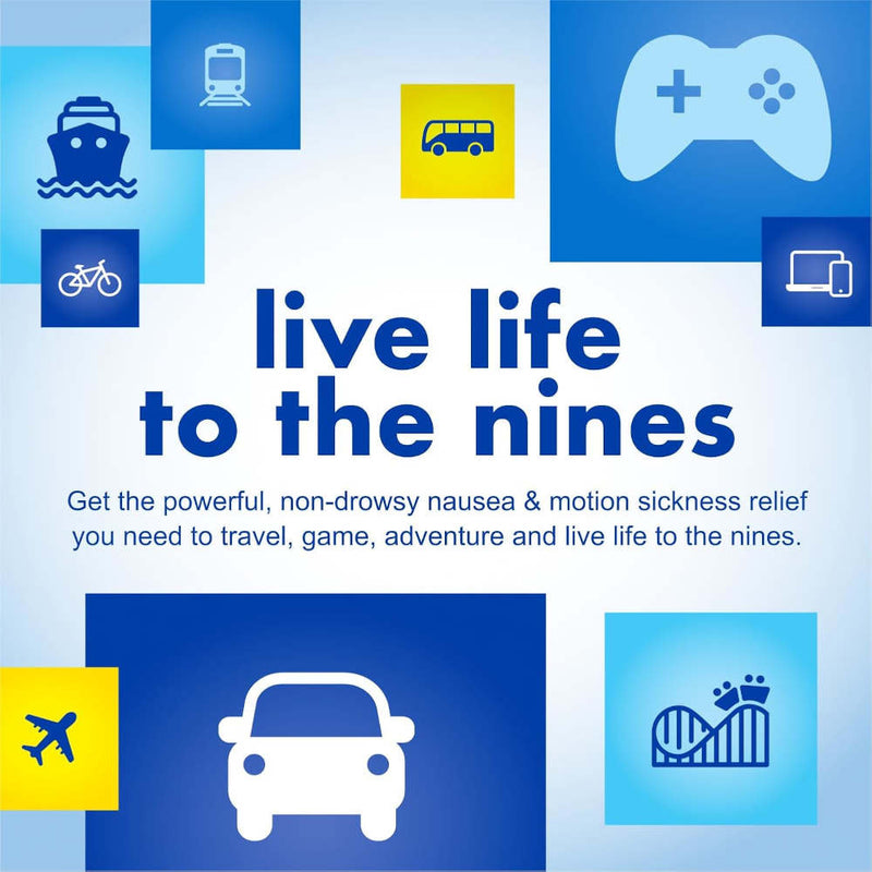 Bonine Motion Sickness Tablets promotional graphic with the text 'live life to the nines' and smaller descriptive copy, surrounded by blue and yellow icons representing travel and gaming activities such as a boat, train, bicycle, game controller, bus, airplane, car, and roller coaster.
