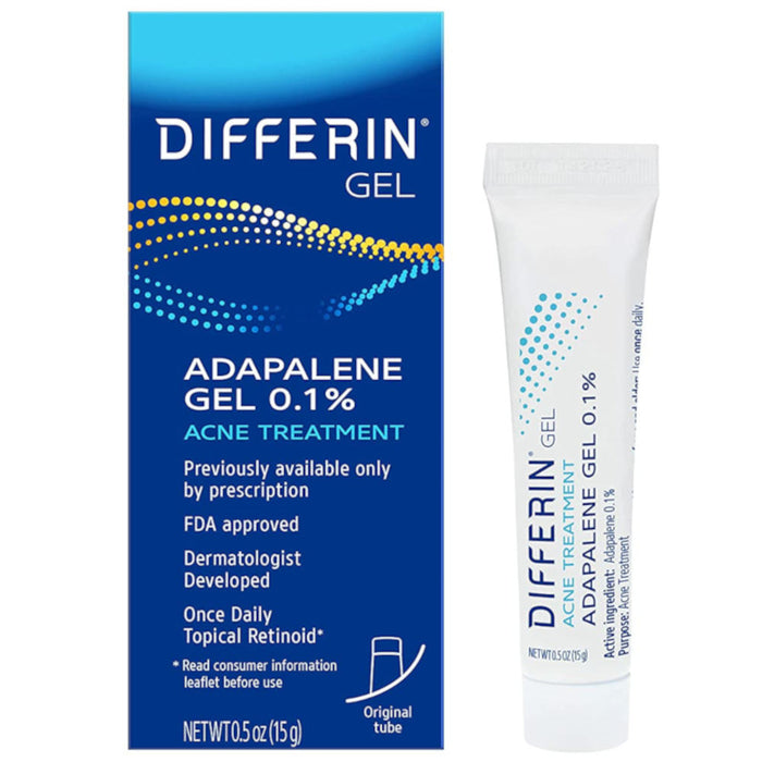 Differin Gel Adapalene Acne Treatment 15g Tube & Outer Box In Front Of White Background