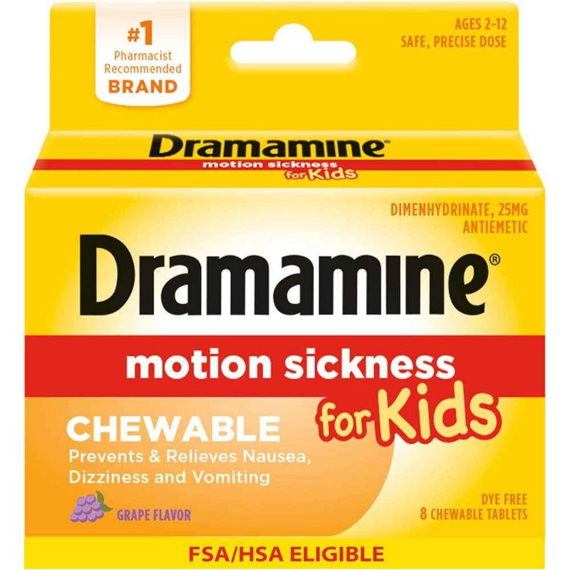 Dramamine Chewable Motion Sickness Relief for Kids, Grape, 8 Count