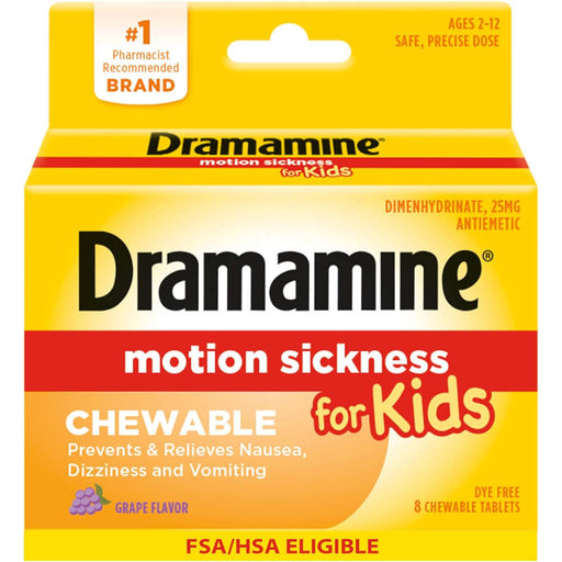 Dramamine motion sickness chewable tablets for kids new 2026 packaging on a white background