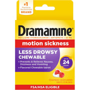 Dramamine motion sickness Less Drowsy Chewable packaging, featuring the new 2026 yellow and red box with a purple panel, showing 12 raspberry cream flavored chewable tablets.