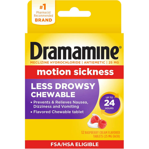 Dramamine motion sickness Less Drowsy Chewable packaging, featuring the new 2026 yellow and red box with a purple panel, showing 12 raspberry cream flavored chewable tablets.