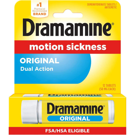 Dramamine Original 12 motion sickness dual action tablets in the new 2026 yellow and blue retail box with a tube visible at the bottom.