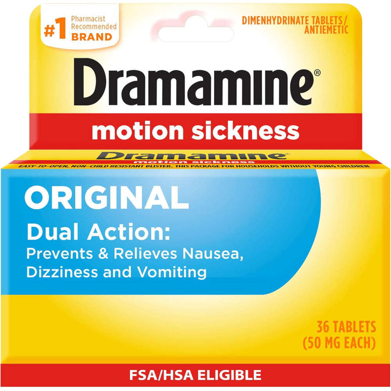Dramamine Original motion sickness dual action 36 tablets packaging, featuring the new 2026 yellow and blue box with red accents and white text.