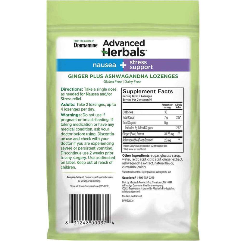 Dramamine Advanced Herbals Nausea And Stress Support 20 Tropical & ginger Lozenges Usage Instructions On Reverse Of Packaging