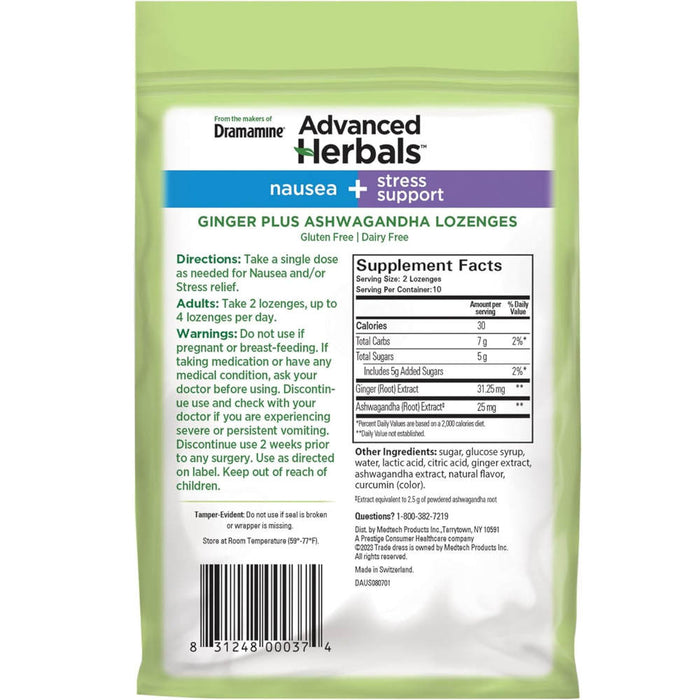 Dramamine Advanced Herbals Nausea And Stress Support 20 Tropical & ginger Lozenges Usage Instructions On Reverse Of Packaging