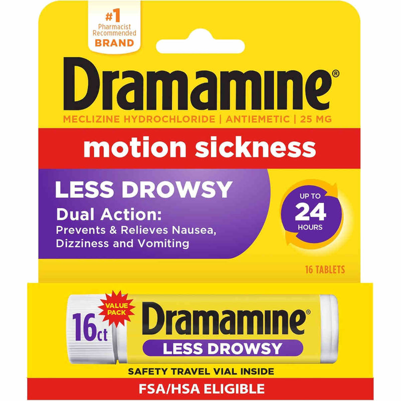 Dramamine all day, dual action, Less Drowsy motion sickness tablets packaging 8 count, showing a yellow blister card with a white and yellow tablet tube at the bottom. The package text highlights 'Less Drowsy', 'Dual Action', and 'Up to 24 Hours'.