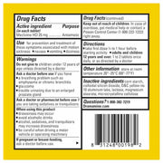 A close-up of a Dramamine all day Less Drowsy motion sickness tablets packaging label showing drug facts and directions for Meclizine HCl 25 mg, with a barcode and brand name Dramamine visible.
