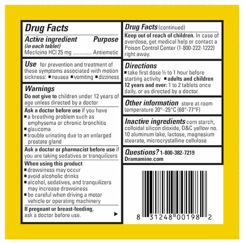 A close-up of a Dramamine all day Less Drowsy motion sickness tablets packaging label showing drug facts and directions for Meclizine HCl 25 mg, with a barcode and brand name Dramamine visible.