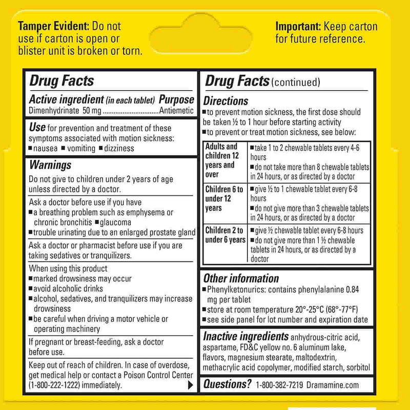 Drug facts and directions label for Dramamine Chewable Orange Motion Sickness Tablets 8ct, showing usage instructions, side effects, warnings, and inactive ingredients on a white background.
