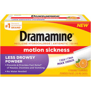 A box of Dramamine Motion Sickness Less Drowsy Powder, orange flavor, 4 stick packs. The packaging is bright yellow with a red band, a purple section on the lower left, and an orange slice graphic on the lower right.