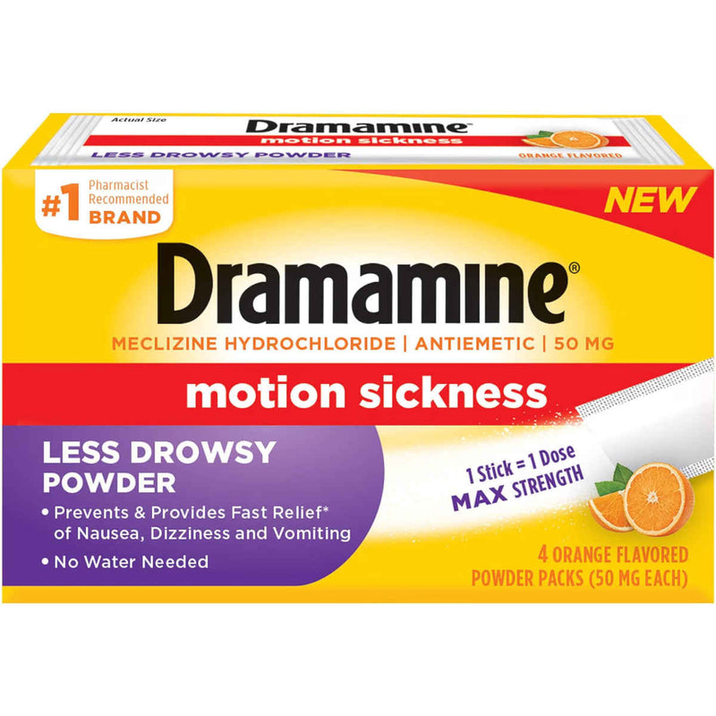 A box of Dramamine Motion Sickness Less Drowsy Powder, orange flavor, 4 stick packs. The packaging is bright yellow with a red band, a purple section on the lower left, and an orange slice graphic on the lower right.