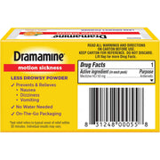 A yellow box of Dramamine motion sickness less drowsy powder, showing the front and back panels with product text, a barcode, drug facts and a red Dramamine logo.