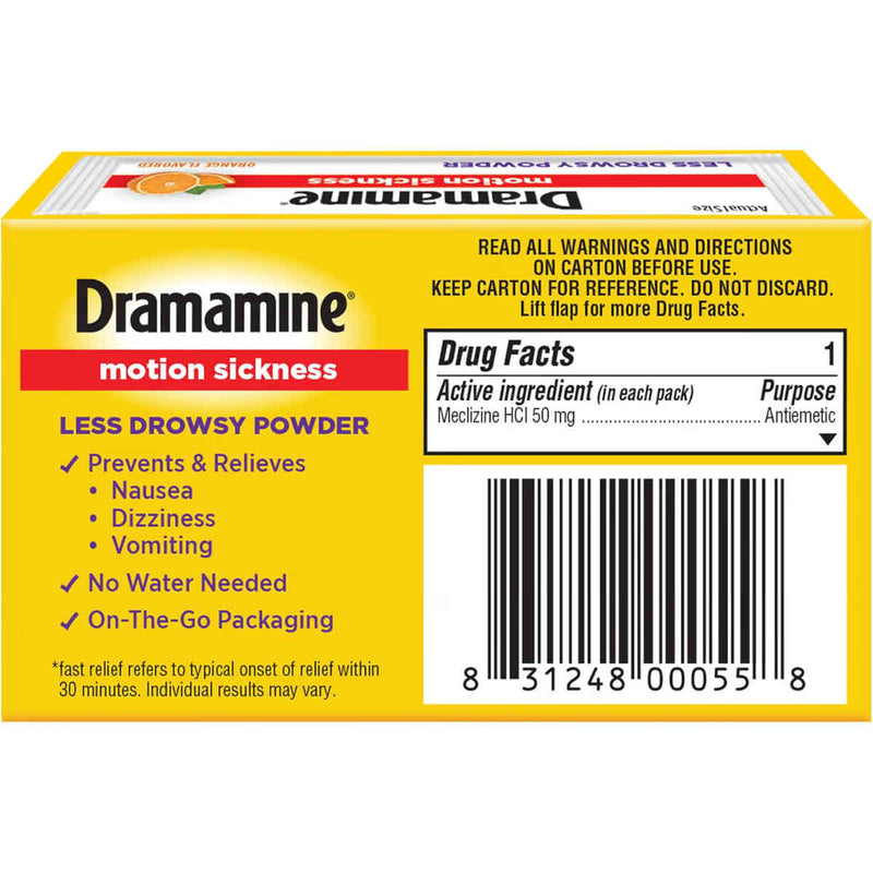 A yellow box of Dramamine motion sickness less drowsy powder, showing the front and back panels with product text, a barcode, drug facts and a red Dramamine logo.