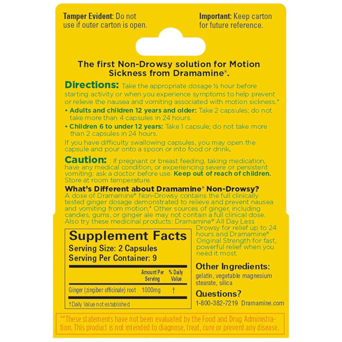 Dramamine Motion Sickness Non-Drowsy Natural Ginger Tablets 18 Usage Instructions On Reverse Of Product Packaging In Front Of White Background