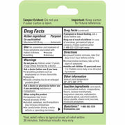 A square Dramamine Nausea Chewable tablets informational card with a green header and a white body showing Drug Facts and Directions for a medicine. The card includes text about tamper evidence, use warnings, directions, and active ingredients.