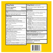 Dramamine Original Yellow and white product packaging insert showing Drug Facts and Directions for Dimenhydrinate 50 mg, with black text on a bright yellow background and a white border.