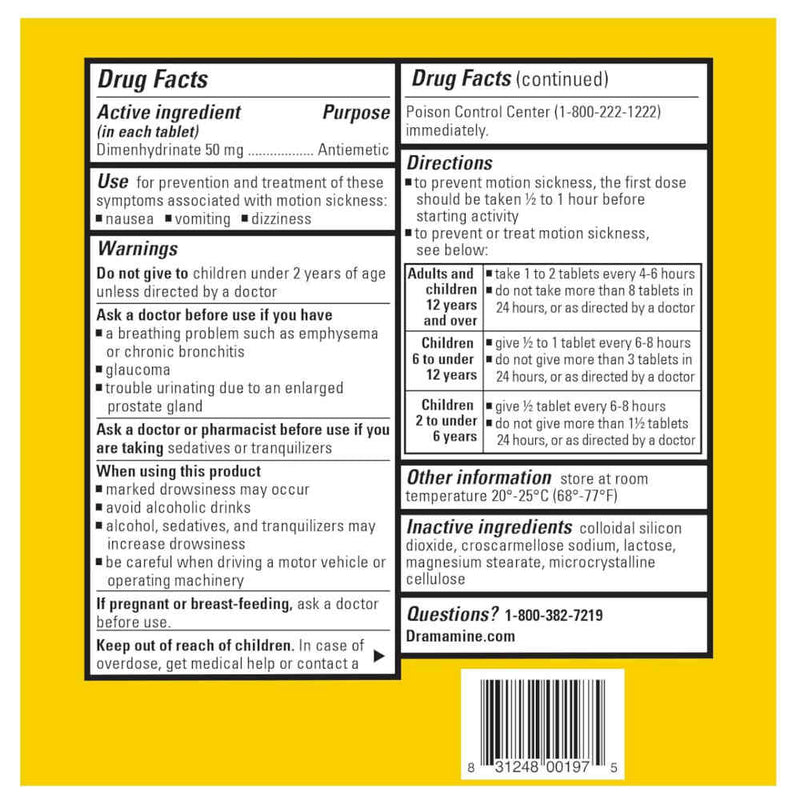Dramamine Original Yellow and white product packaging insert showing Drug Facts and Directions for Dimenhydrinate 50 mg, with black text on a bright yellow background and a white border.