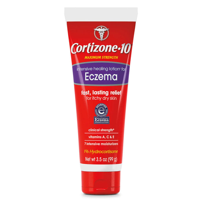 Cortizone 10 Maximum Strength Intensive Healing Lotion For Eczema 3.5 Oz Bottle In Front Of White Background 