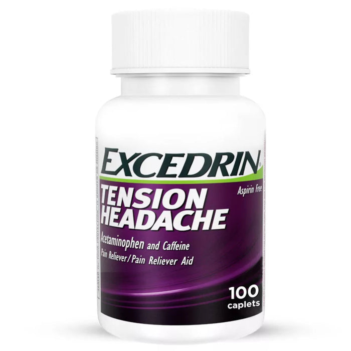 Excedrin Tension Headache Caplets 100ct Bottle In Front Of White Background