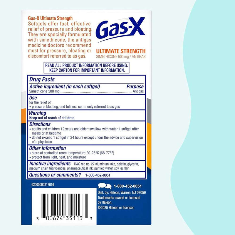 Gas-X Ultimate Strength medication packaging with blue and white design.